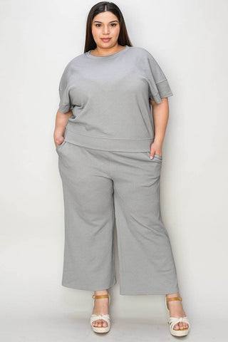 Full Size Texture Short Sleeve Top and Pants Set - Just Believe Boutique