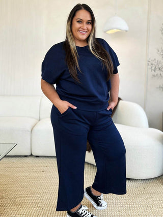 Full Size Texture Short Sleeve Top and Pants Set - Just Believe Boutique