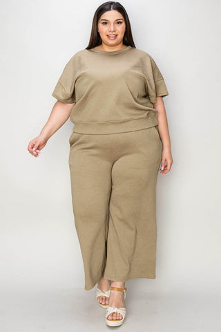 Full Size Texture Short Sleeve Top and Pants Set - Just Believe Boutique