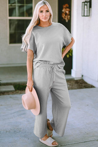 Full Size Texture Short Sleeve Top and Pants Set - Just Believe Boutique