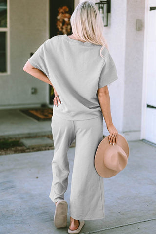 Full Size Texture Short Sleeve Top and Pants Set - Just Believe Boutique