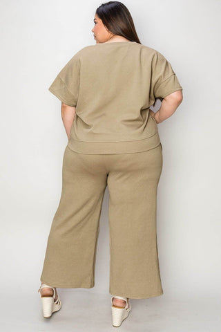Full Size Texture Short Sleeve Top and Pants Set - Just Believe Boutique