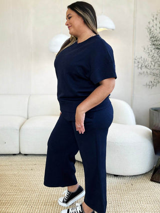 Full Size Texture Short Sleeve Top and Pants Set - Just Believe Boutique