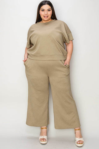 Full Size Texture Short Sleeve Top and Pants Set - Just Believe Boutique