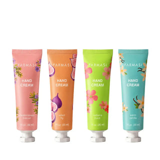 Set of four Farmasi hand cream tubes with floral and fruit themed prints, 30 ml each