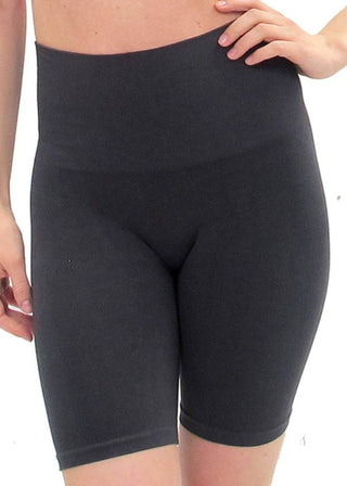 Black high-waist bike shorts, fitted mid-thigh length with smooth waistband.
