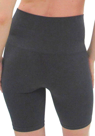 Black high-waist bike shorts, straight front cut, fitted mid-thigh length.