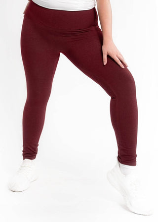 Burgundy high-waist crossover leggings, curvy fit, full-length skinny leg