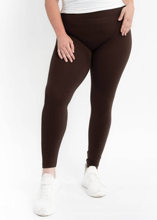 High-waisted chocolate-brown leggings, curvy fit, ankle length.