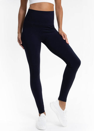 High-waisted navy leggings, full-length with smooth fit and ankle-length hem.
