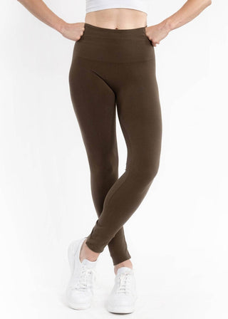 High-waisted olive leggings, full-length with smooth matte finish