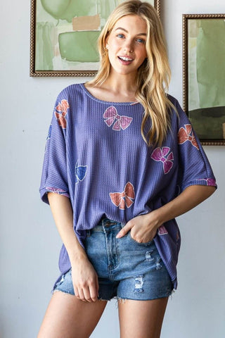 HOPELY Bow Print Waffle Side Slit T-Shirt - Just Believe Boutique