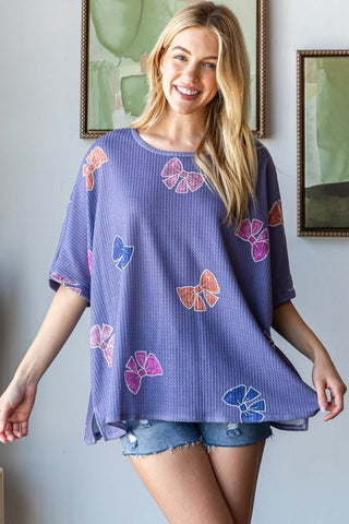 HOPELY Bow Print Waffle Side Slit T-Shirt - Just Believe Boutique