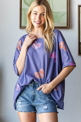 HOPELY Bow Print Waffle Side Slit T-Shirt - Just Believe Boutique