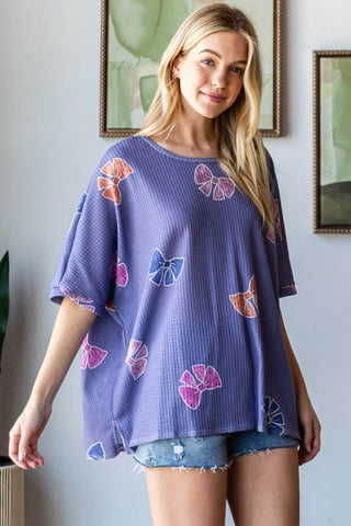 HOPELY Bow Print Waffle Side Slit T-Shirt - Just Believe Boutique