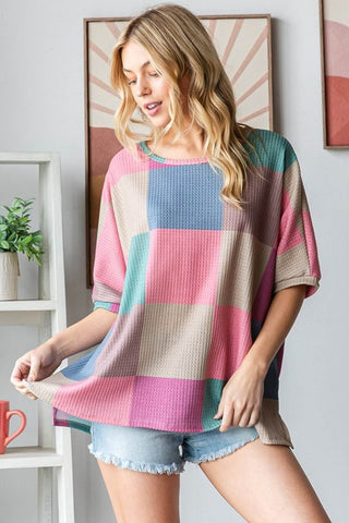 HOPELY Full Size Checkered Round Neck Side Slit T-Shirt - Just Believe Boutique