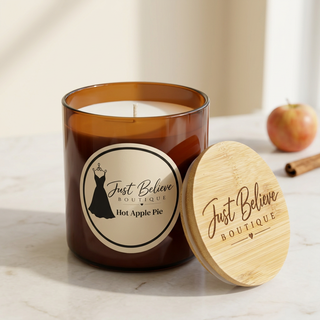 Handmade soy candle in amber glass jar with bamboo lid; Hot Apple Pie label