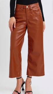 JUDY BLUE HW TUMMY CONTROL BROWN FAUX LEATHER CROP