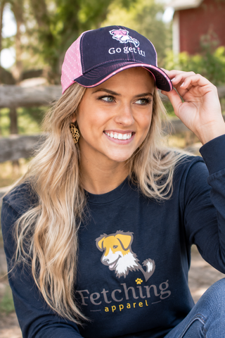 Lotsa Dots navy and pink snapback cap, worn