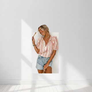 Frilled Short Puff Sleeve Mixed Print Blouse
