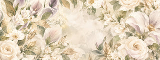 Watercolor floral banner with cream roses, lavender calla lilies, white blossoms and sage and gold leaves