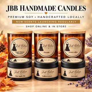 Assorted soy candles set with glass jars and black tins, six scent labels shown