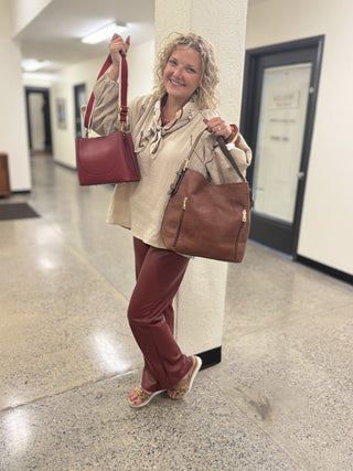 Corinna Bucket Handbag– Two-Tone Canvas Guitar Strap – Wine – lifestyle