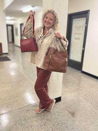 Corinna Bucket Handbag– Two-Tone Canvas Guitar Strap – Wine – lifestyle