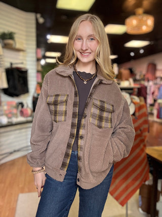 Taupe plaid-accent shacket with snap front and chest pockets