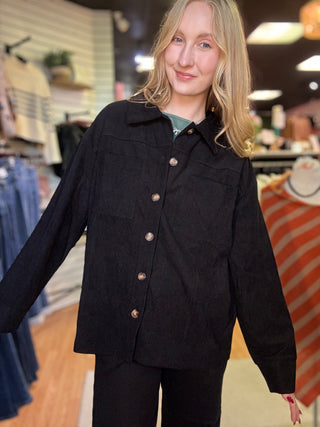 Pandora Patchwork Shacket – Black – model photo