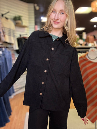 Pandora Patchwork Shacket – Black – model photo