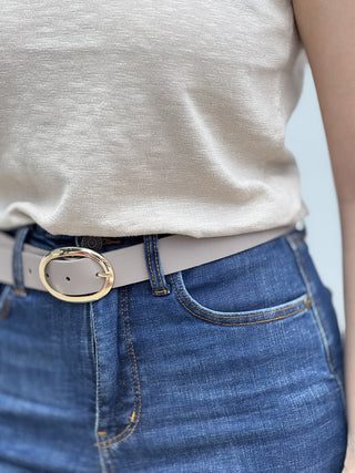 Classic Oval Buckle Faux Leather Belt – Taupe – model photo