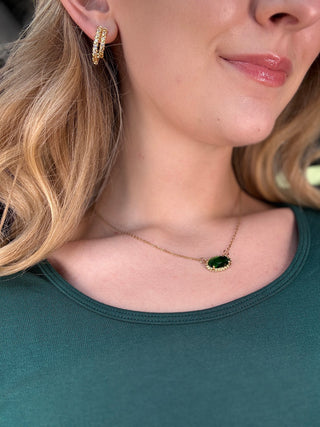 Oval Gemstone Charm Pendant Necklace – Emerald – model photo
