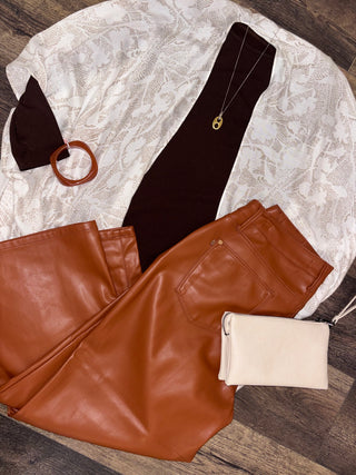 High Waist Tummy Control Faux Leather Crop Wide Leg Pants – Brown Judy Blue – flat lay