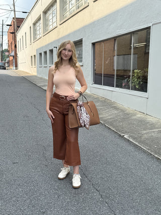 High Waist Tummy Control Faux Leather Crop Wide Leg Pants – Brown Judy Blue – model photo