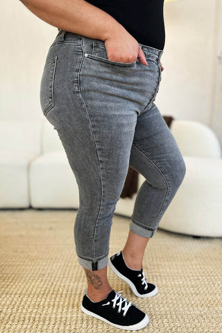 Judy Blue Full Size Button Fly High Waist Cuffed Capris - Just Believe Boutique