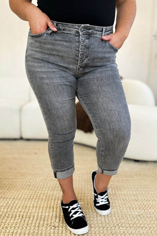 Judy Blue Full Size Button Fly High Waist Cuffed Capris - Just Believe Boutique