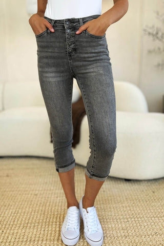 Judy Blue Full Size Button Fly High Waist Cuffed Capris - Just Believe Boutique