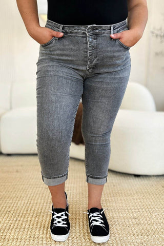 Judy Blue Full Size Button Fly High Waist Cuffed Capris - Just Believe Boutique
