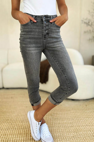 Judy Blue Full Size Button Fly High Waist Cuffed Capris - Just Believe Boutique