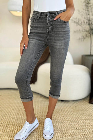 Judy Blue Full Size Button Fly High Waist Cuffed Capris - Just Believe Boutique