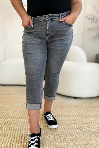 Judy Blue Full Size Button Fly High Waist Cuffed Capris - Just Believe Boutique