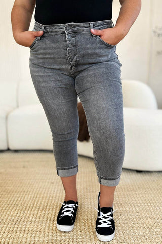 Judy Blue Full Size Button Fly High Waist Cuffed Capris - Just Believe Boutique