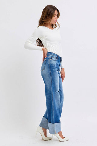 Judy Blue Full Size Distressed High Waist Wide Leg Jeans - Just Believe Boutique