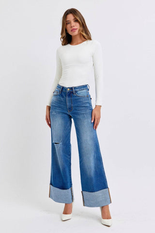 Judy Blue Full Size Distressed High Waist Wide Leg Jeans - Just Believe Boutique