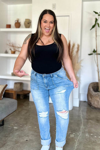 Judy Blue Full Size Distressed Straight Jeans with Patch Pockets - Just Believe Boutique