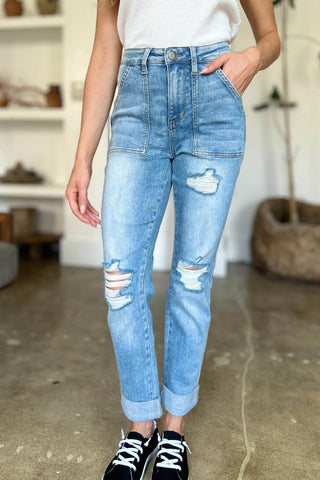 Judy Blue Full Size Distressed Straight Jeans with Patch Pockets - Just Believe Boutique