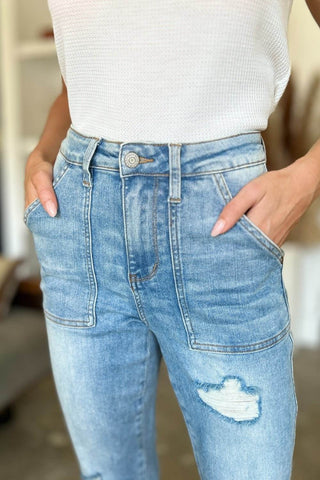 Judy Blue Full Size Distressed Straight Jeans with Patch Pockets - Just Believe Boutique