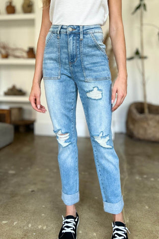 Judy Blue Full Size Distressed Straight Jeans with Patch Pockets - Just Believe Boutique