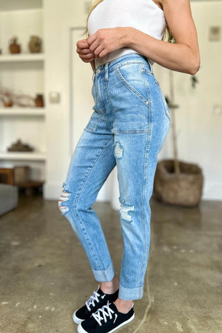 Judy Blue Full Size Distressed Straight Jeans with Patch Pockets - Just Believe Boutique